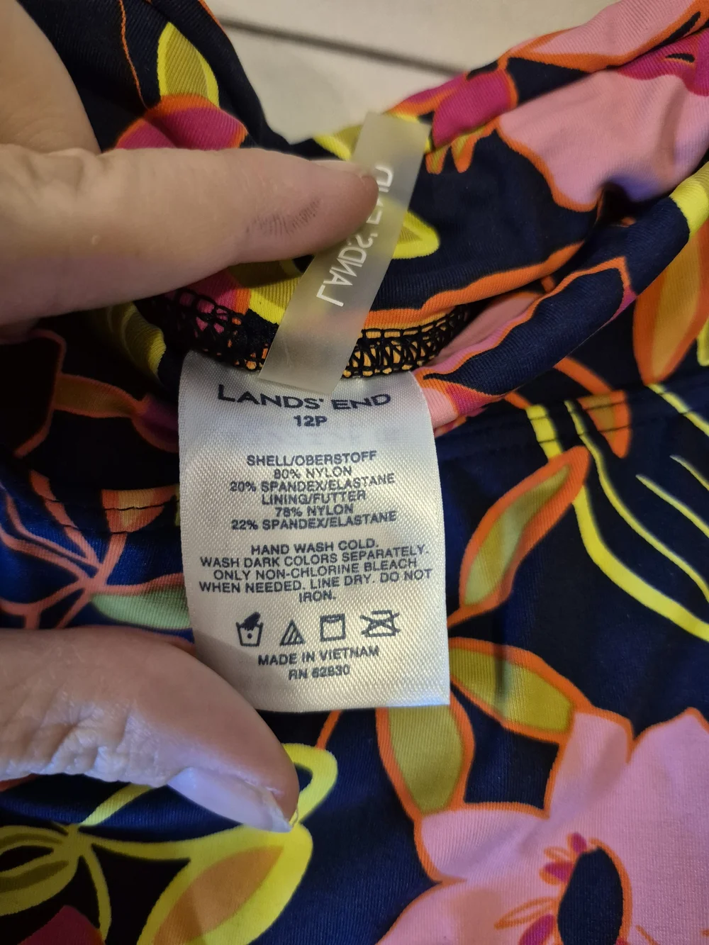Lands' End Navy Swim Skirt with Pink & Yellow Tropical Floral Print 12 Petite